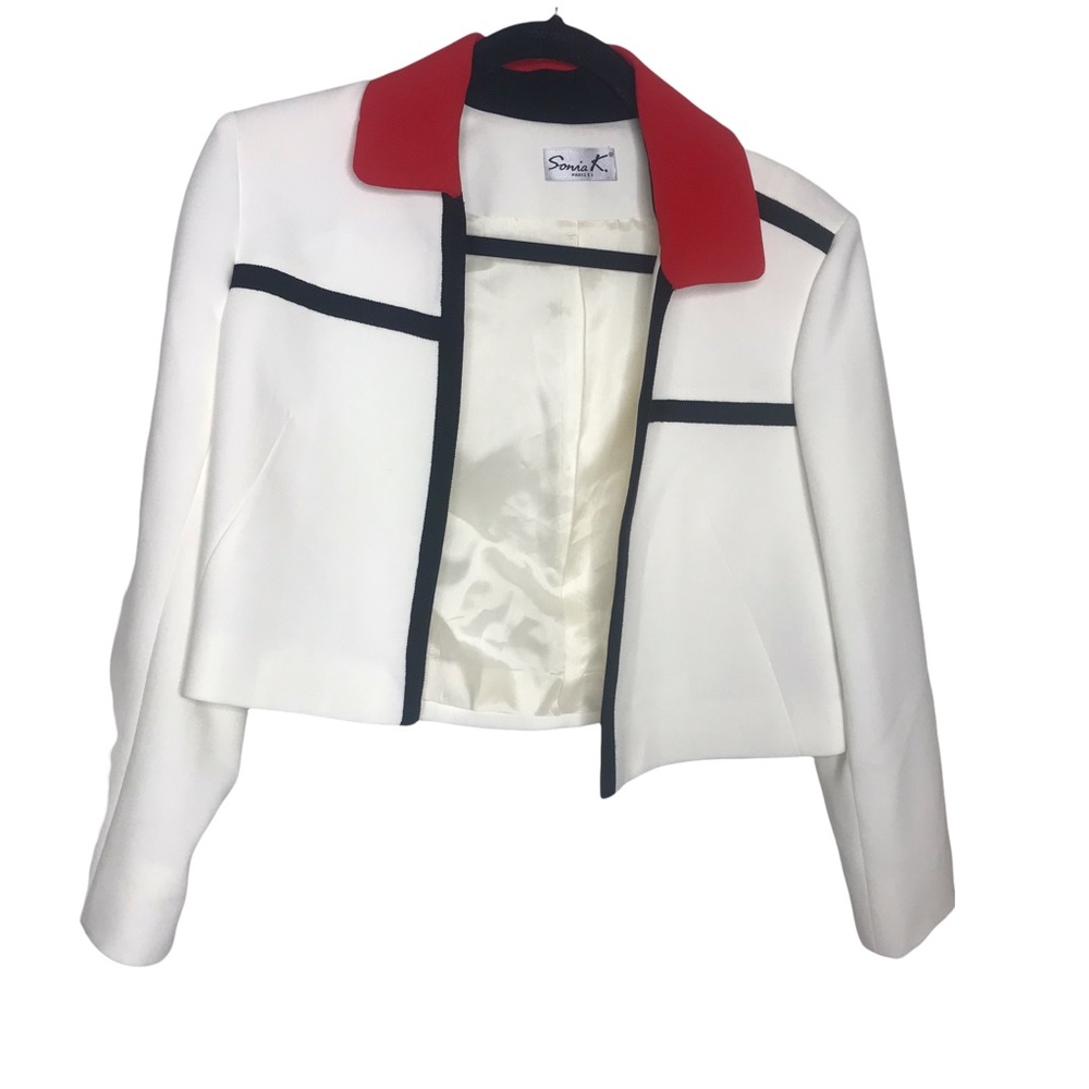 SoniaK. Paris White Cropped Boxy Blazer with Red Collar and Black Details Sz S
